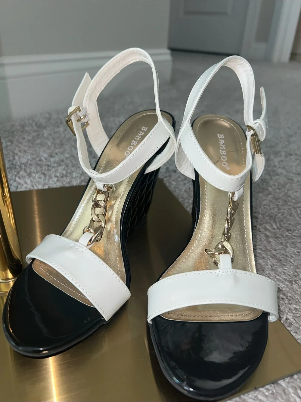 New White Chain-Accent Wedge Sandals - Women